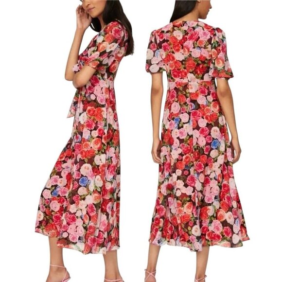 Ieena Mac Duggal Floral Puff Sleeve Tie Slit Romantic Midi Dress Pink Red Size 0 - Picture 2 of 15